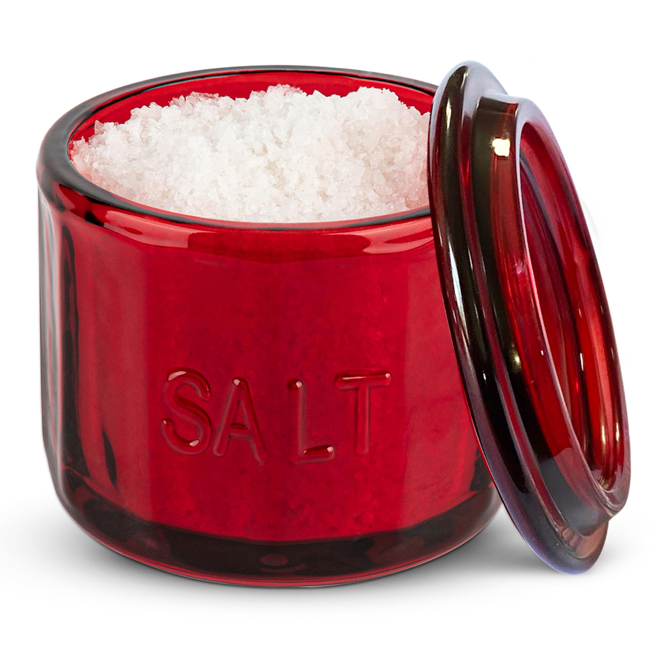 KooK Salt Cellar & Jar  Round Salt Container  Pressed Clear Glass  with Clear Lid  Embossed  10 oz (Ruby)